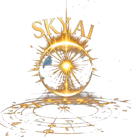 SkyAI — logo da marca: a palavra SKYAI em dourado sobre um sol radiante e uma roda astrológica