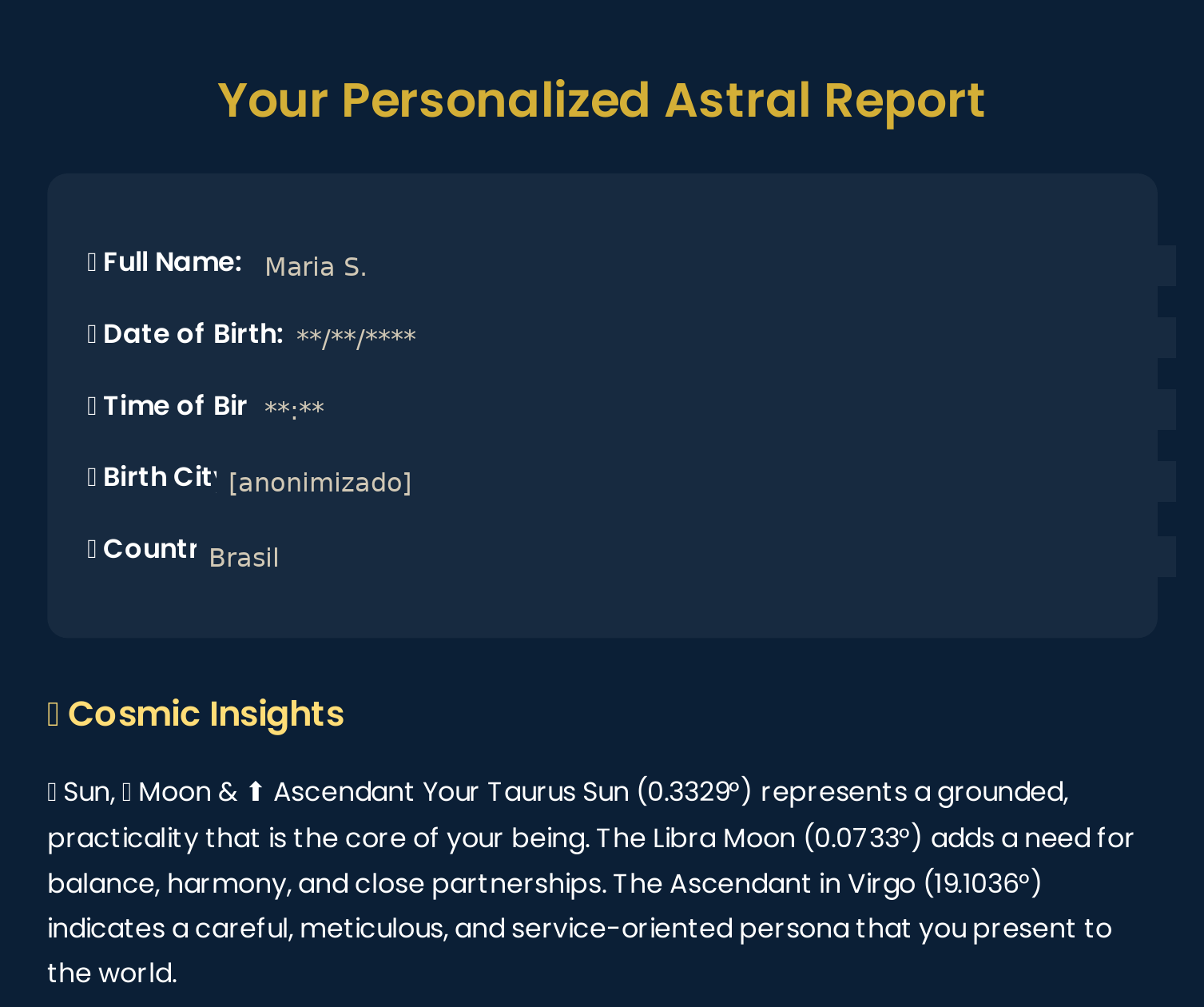 Página de um relatório astral da SkyAI: cabeçalho 'Your Personalized Astral Report', bloco com os dados de nascimento anonimizados e a seção Cosmic Insights com a leitura de Sol, Lua e Ascendente
